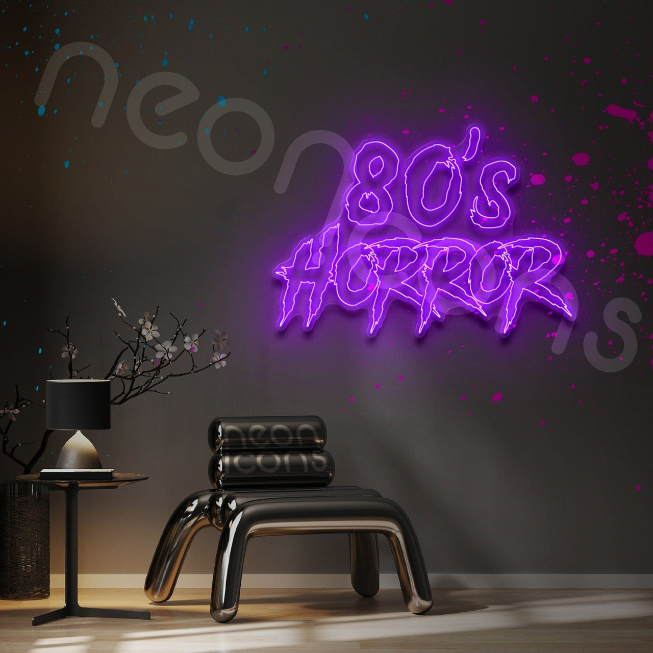 "80's Horror" Custom Neon Sign 90cm x 65cm (3ft x 2.2ft) / Purple / LED Neon and Cut to Shape by Neon Icons